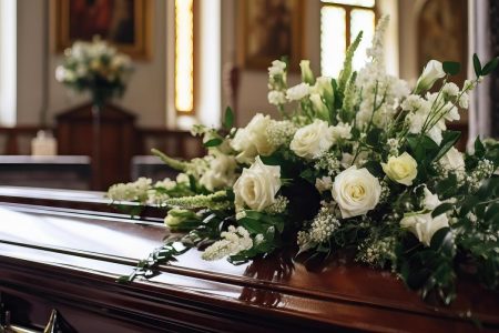 A coffin with a flower arrangement in church generative ai photo